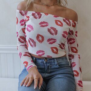 Pretty Garbage Lip Print Mesh Off The Shoulder Top Size Small